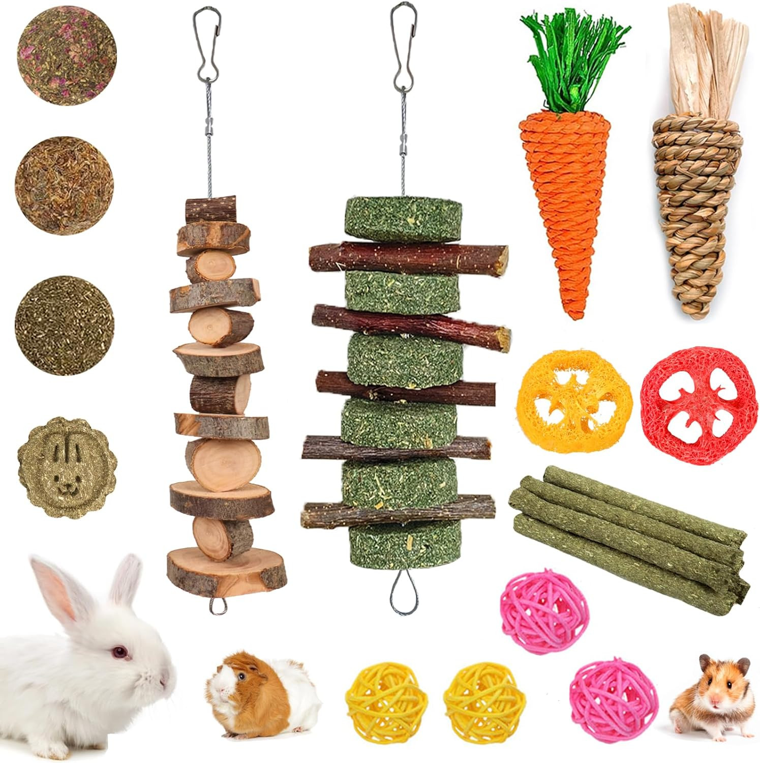 20PCS Bunny Chew Toys Natural Rabbit Guinea Pig Hamster Chinchilla Treat Set