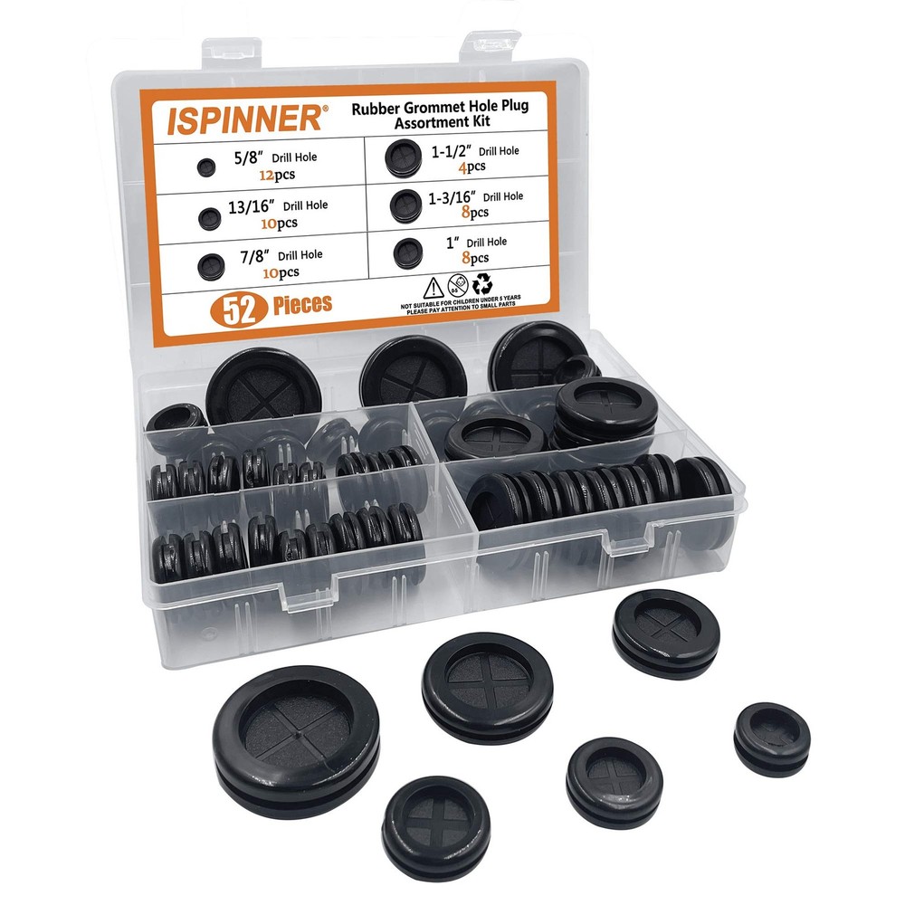 ISPINNER 52pcs 6 Sizes Rubber Grommet, Double Sided Round Hole Black