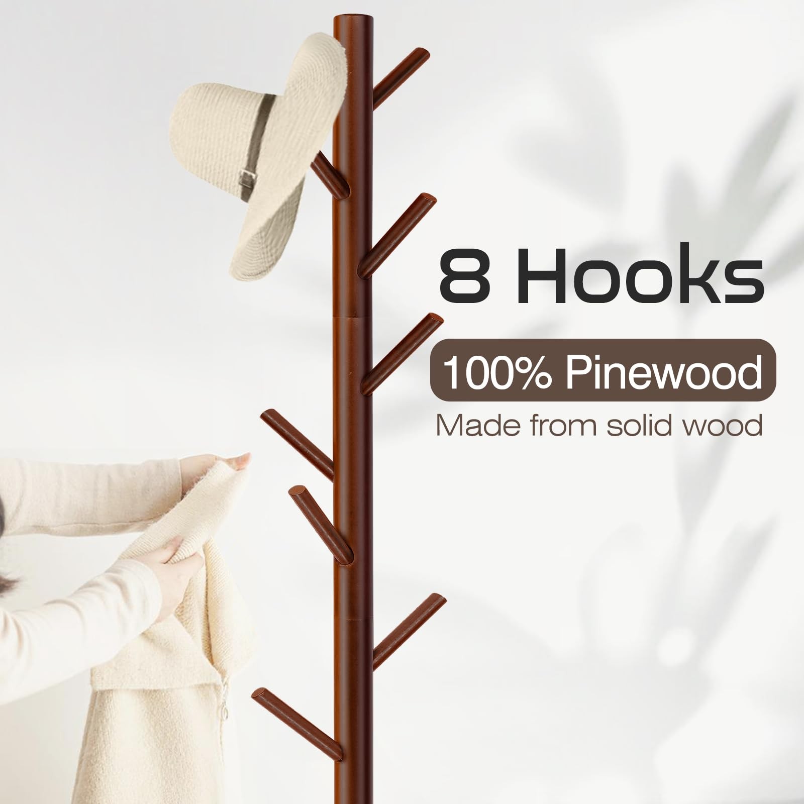 Freestanding Coat Rack 8 Hooks Adjustable Tree Stand for Hats Coats Scarves
