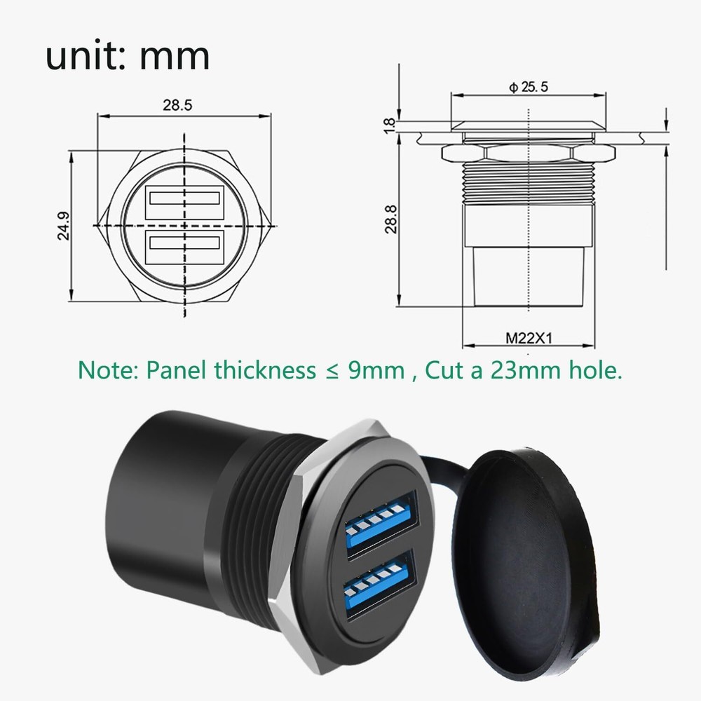 Dual USB 3.0 Panel Mount Adapter - Threaded Round Connector with Black