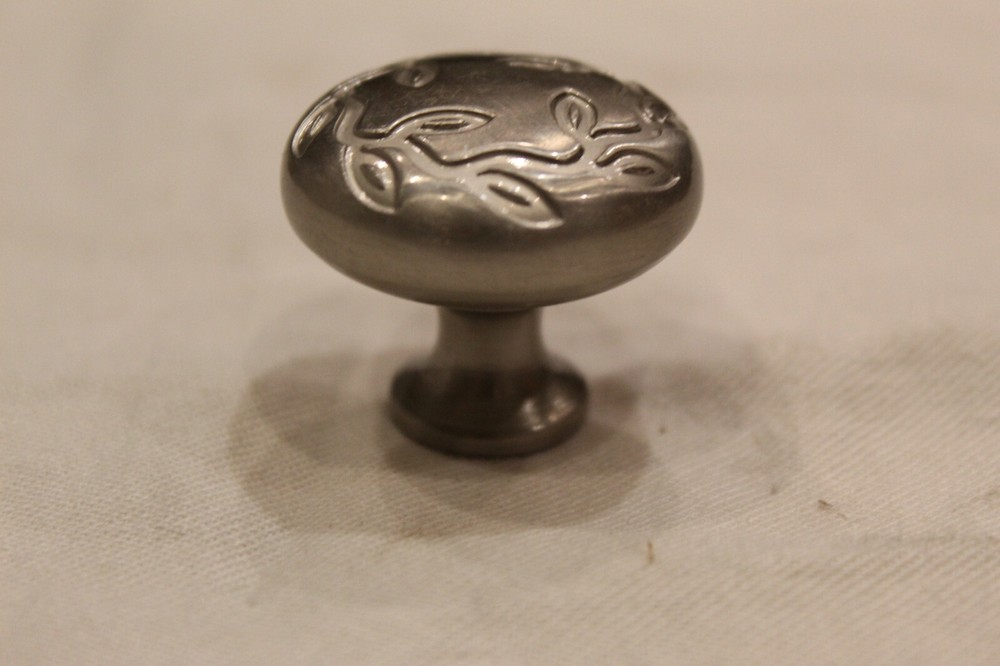 One Heavy Round Solid Brushed Nickel Cabinet Drawer Pull Leaf Design  J-12