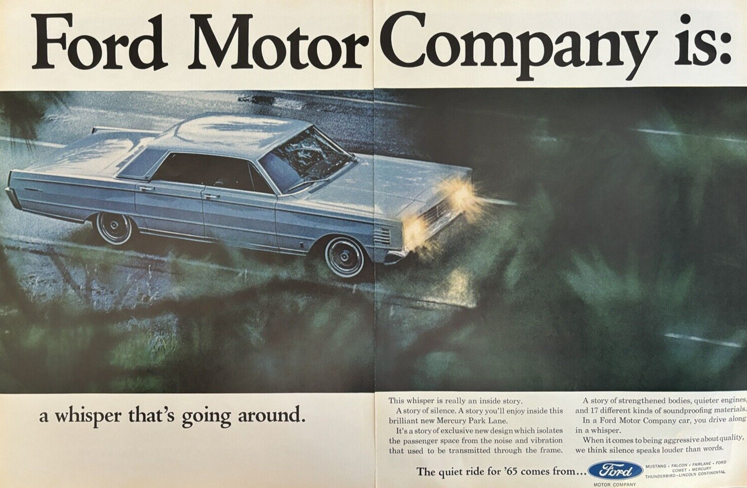 1965 Ford Motor Company Quiet Ride Whisper Quality Mercury Park Lane VTG Ad