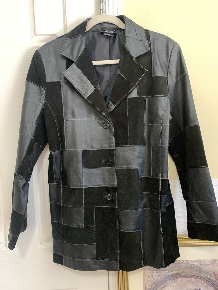 Black Patchwork Leather Jacket By Dennis Basso Women's Size Small Button Up