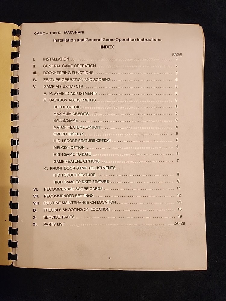 Bally Mata Hari Solid State Pinball Pin Ball Manual Instructions Operations
