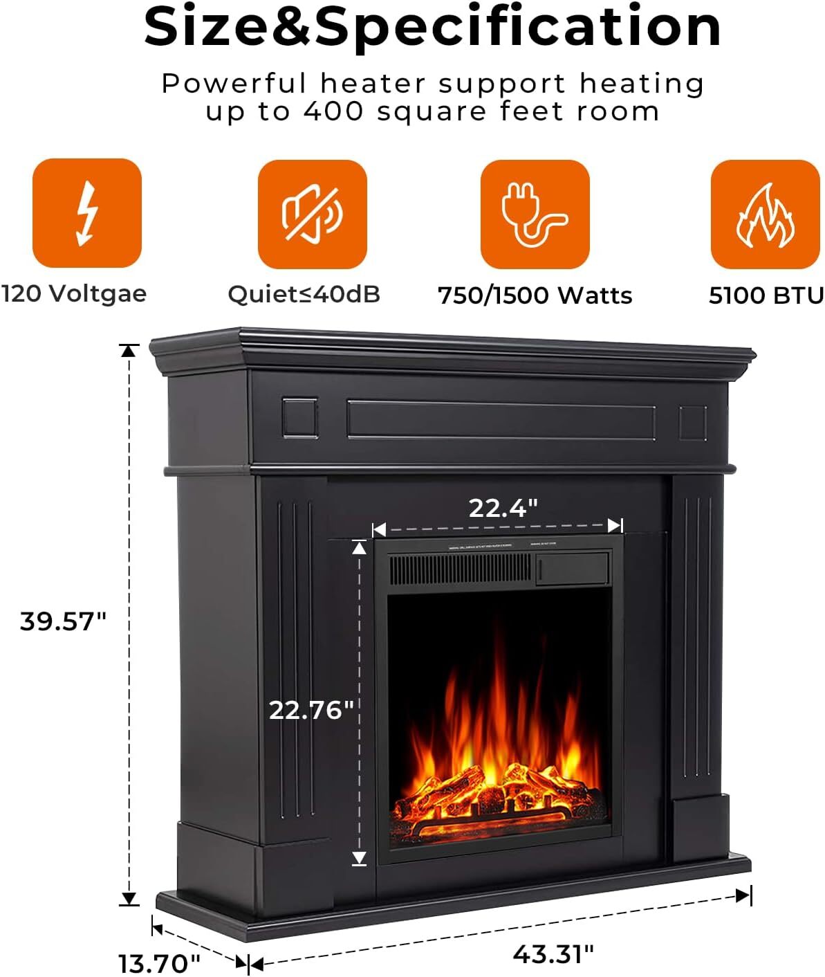 43” Electric Fireplace Mantel Freestanding, Remote , Adjustable Led Flame,Black
