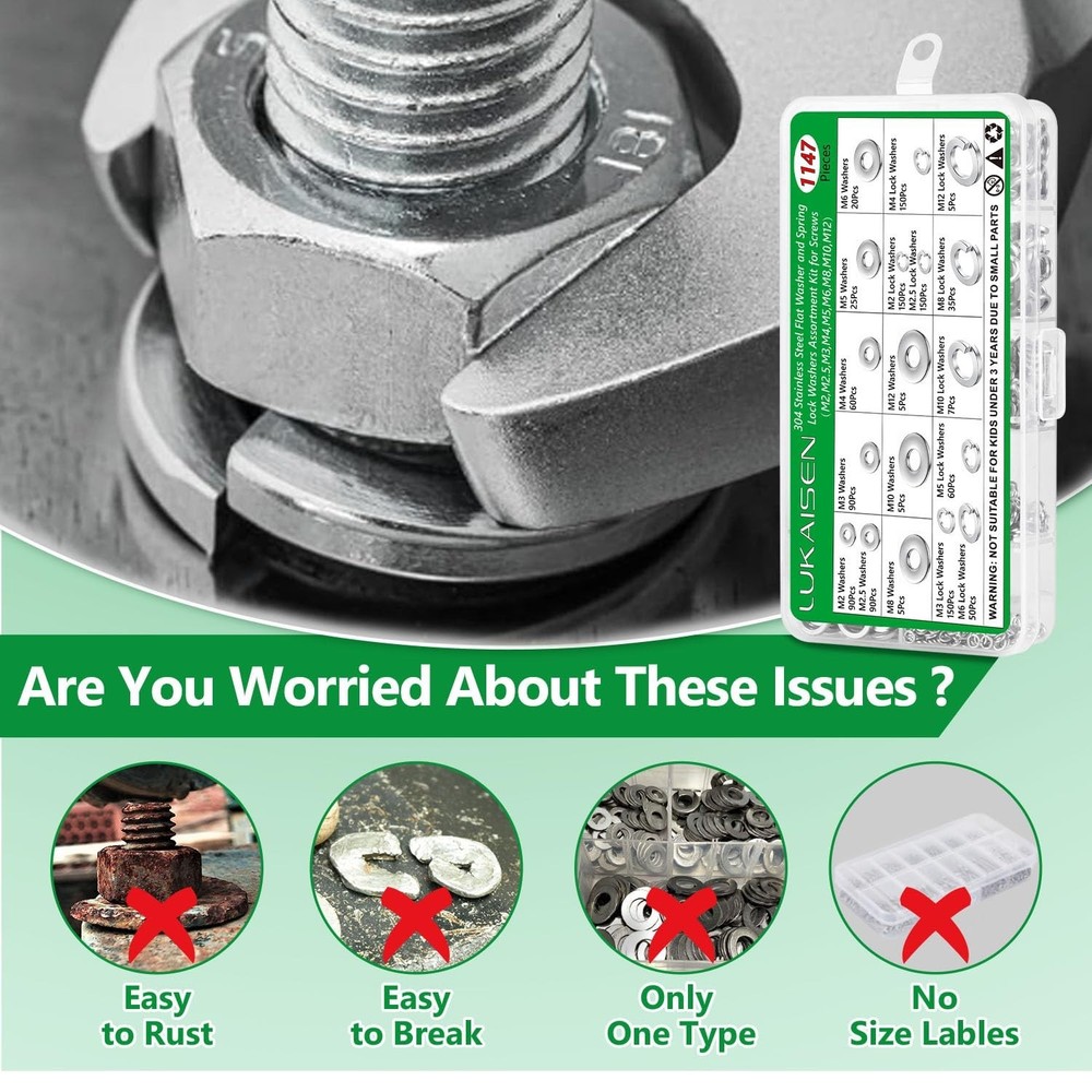 1147PCS Flat and Spring Lock Washers Assortment Kit, Metric Split Lock Washer...