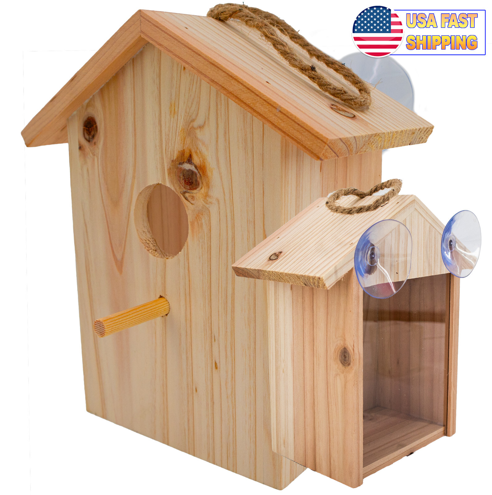 Wood Birdhouse See Through Window , Suction Cups, Lanyard Rope, Bird Nesting Box