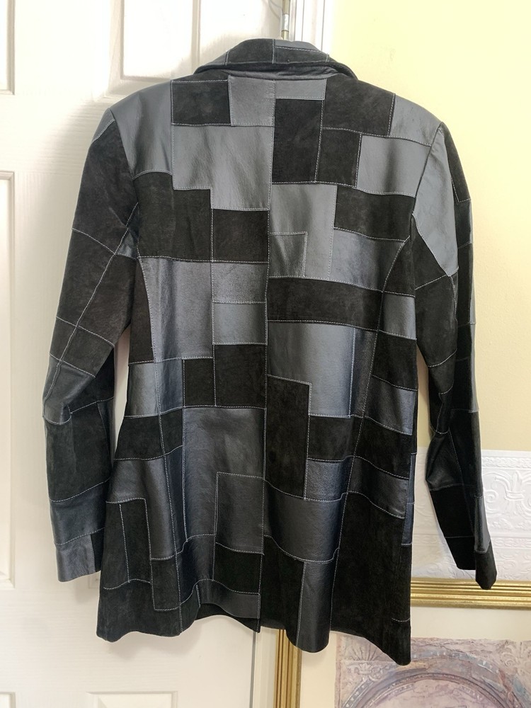 Black Patchwork Leather Jacket By Dennis Basso Women's Size Small Button Up