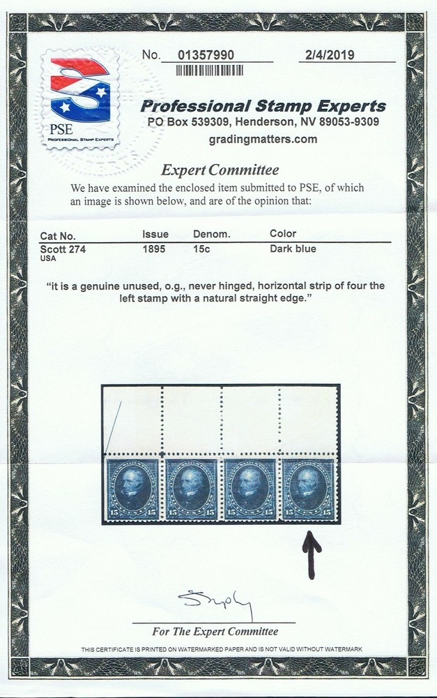 GENUINE SCOTT #274 MINT OG NH PSE CERT WIDE TOP SHEET MARGIN SINGLE - SCV $600
