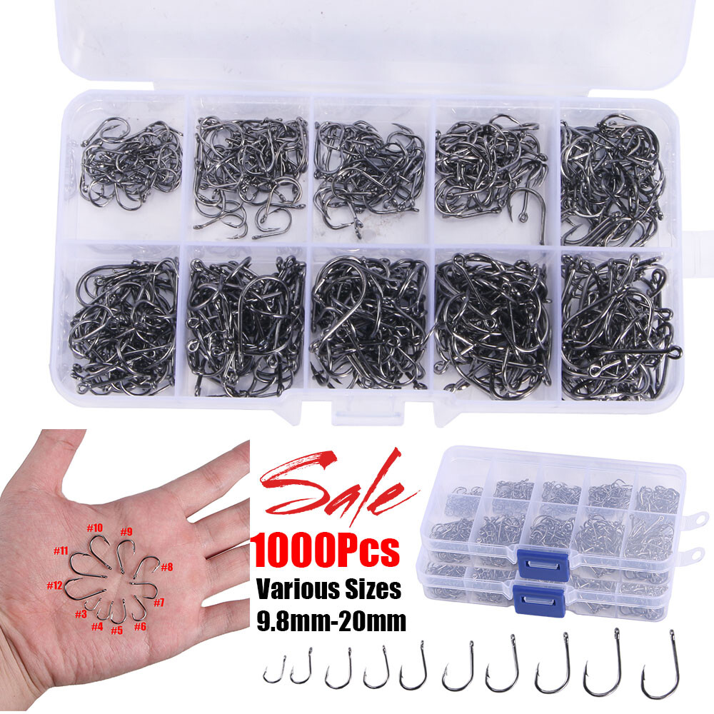 1000pcs Fish Hooks 10 Sizes Fishing Black Silver Sharpened With Box Quality Set