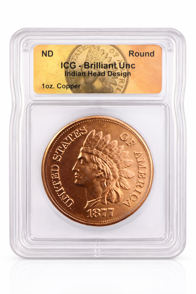 1 oz Copper Round Indian Head Cent Style ICG Brilliant Uncirculated