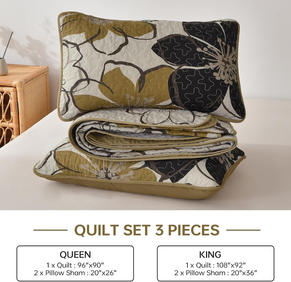 Reversible Microfiber Floral Quilt Set - Lightweight Queen Bedding Ensemble