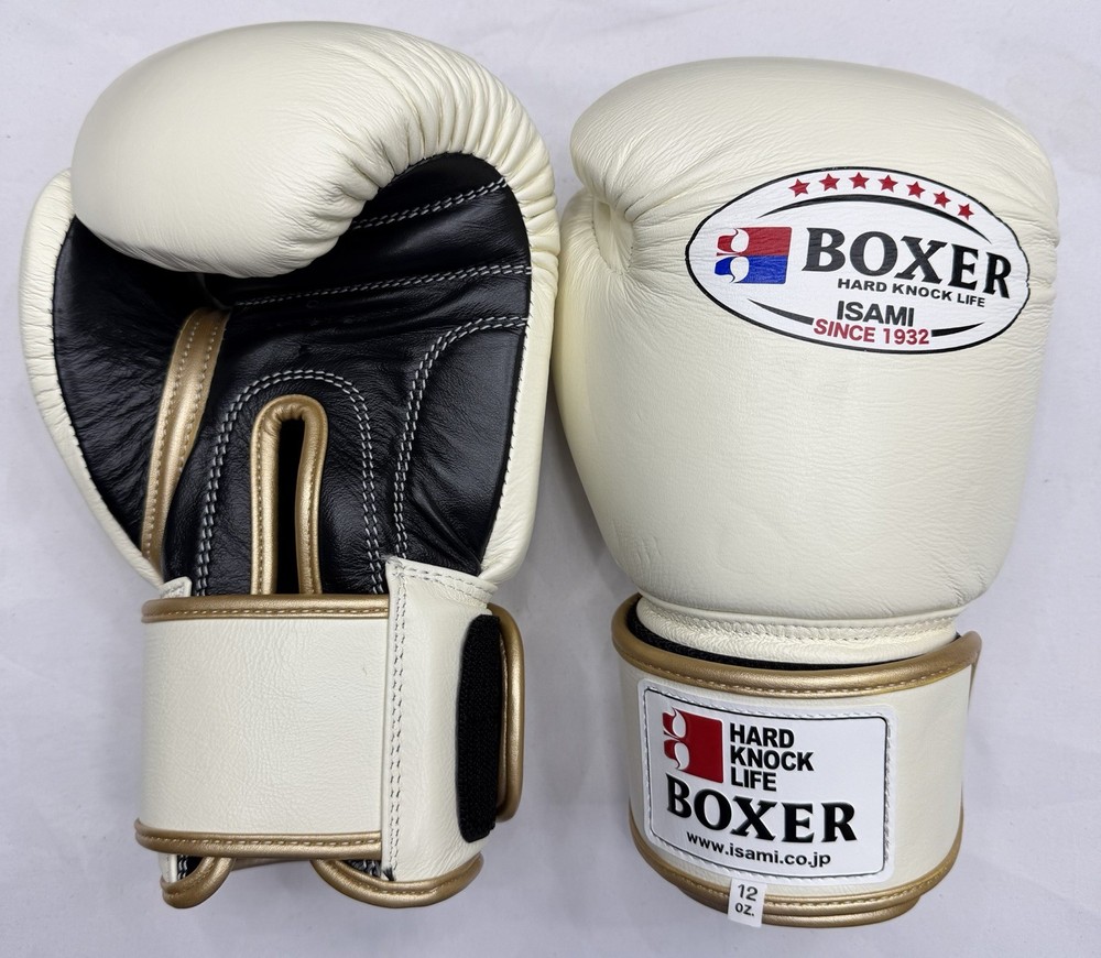 Isami 12oz Thai Boxing Gloves Beige Hook Loop Strap Japan