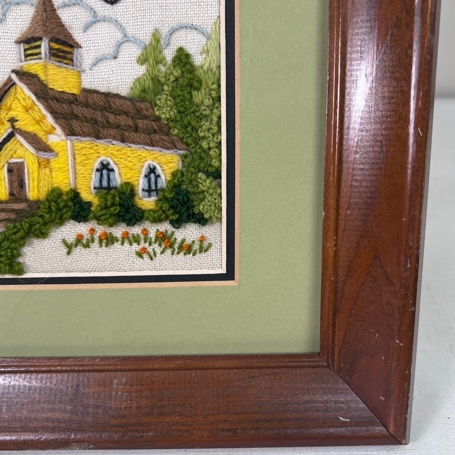 Vintage Crewel Embroidery Completed Woodside Church Framed 5x7 1980's Handmade