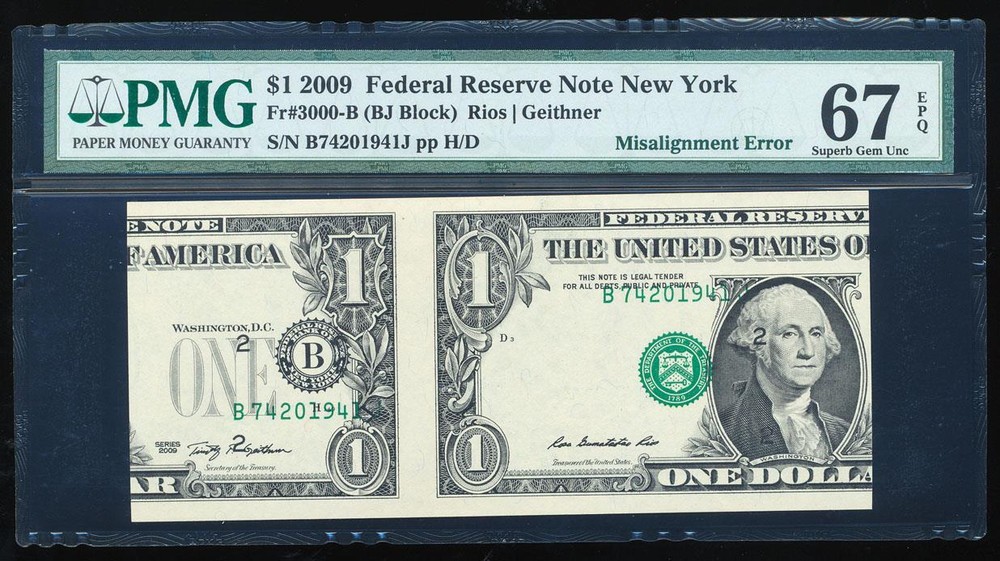 2009 $1 FRN MAJOR MISALIGNMENT ERROR PMG67 EPQ GEM CU