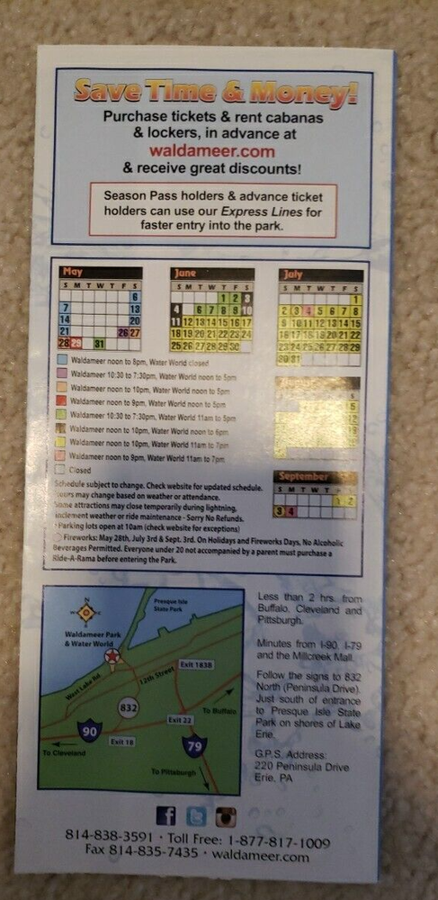 2017 Waldameer Amusement Theme Park Map Brochure Guide