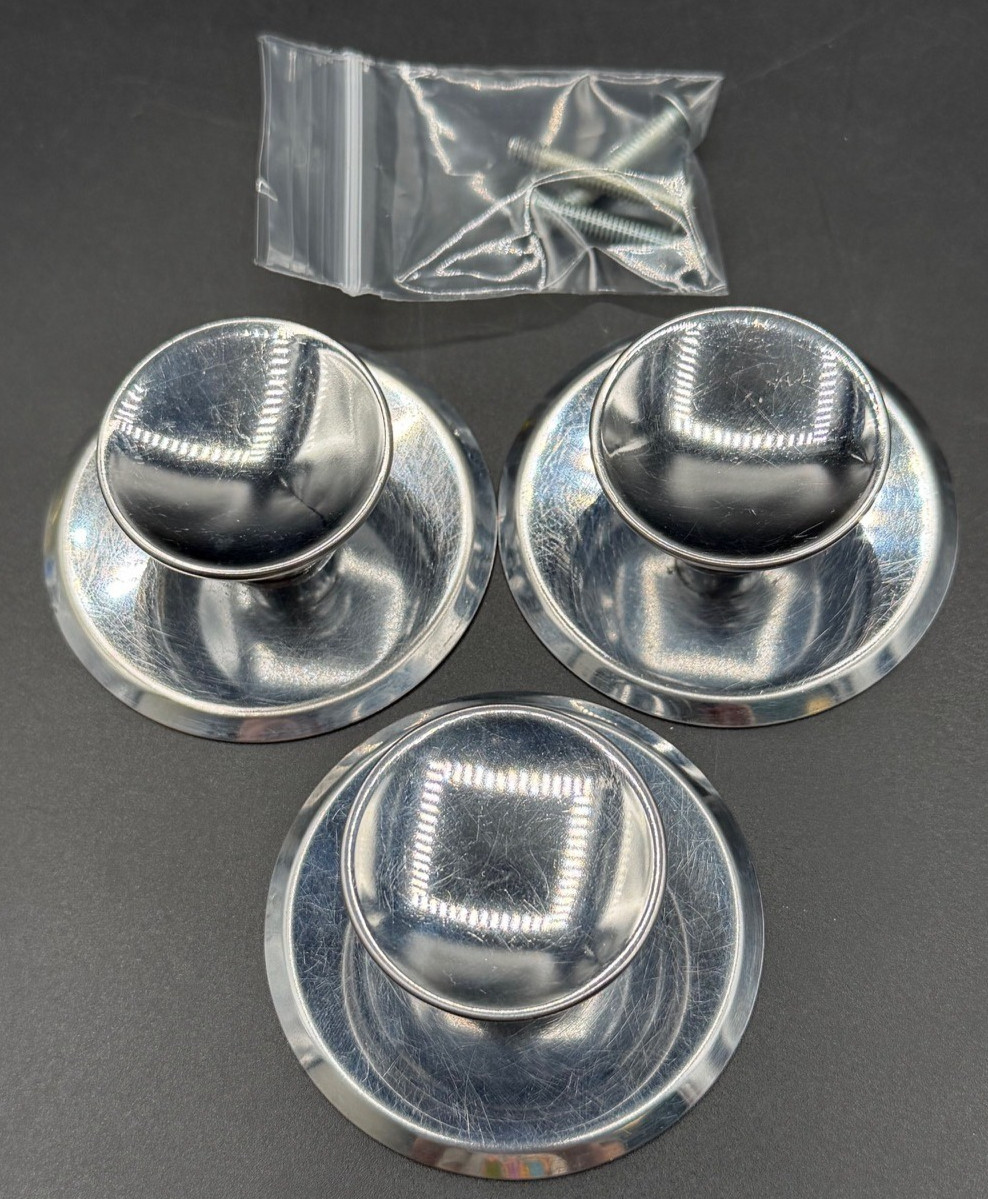 3 Vintage Chrome Concave Round Pull Knobs w/ Matching Backplates & Screws.