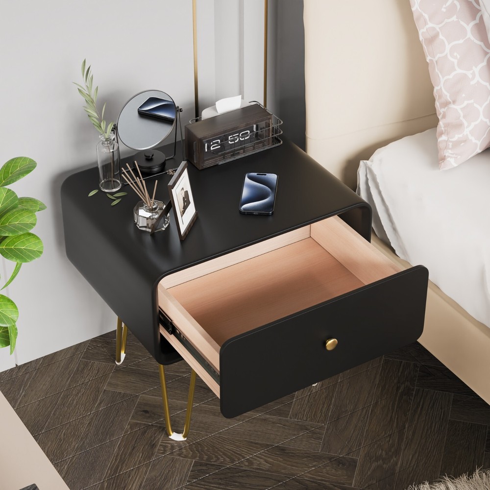 Black single drawer solid wood bedside table easy to install and convenient