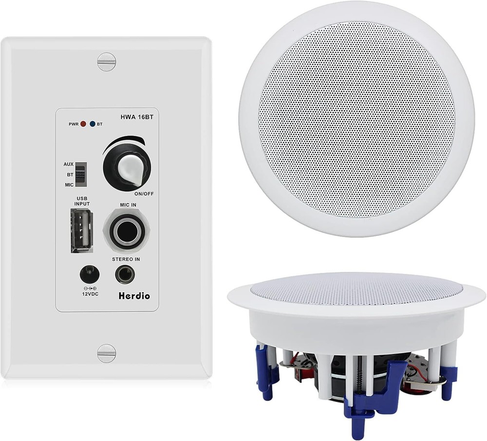 Herdio 300W Kitchen Ceiling Speakers Bluetooth Wall USB AUX Wall Mount Amplifier