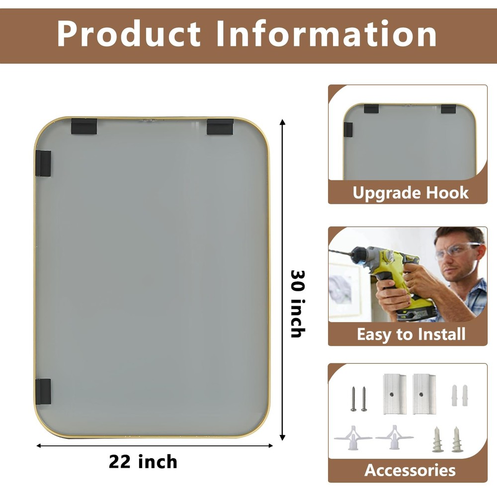 Brushed Gold Mirror, 22"x30" Rectangle Bathroom Mirror, Metal Frame Rectangle...
