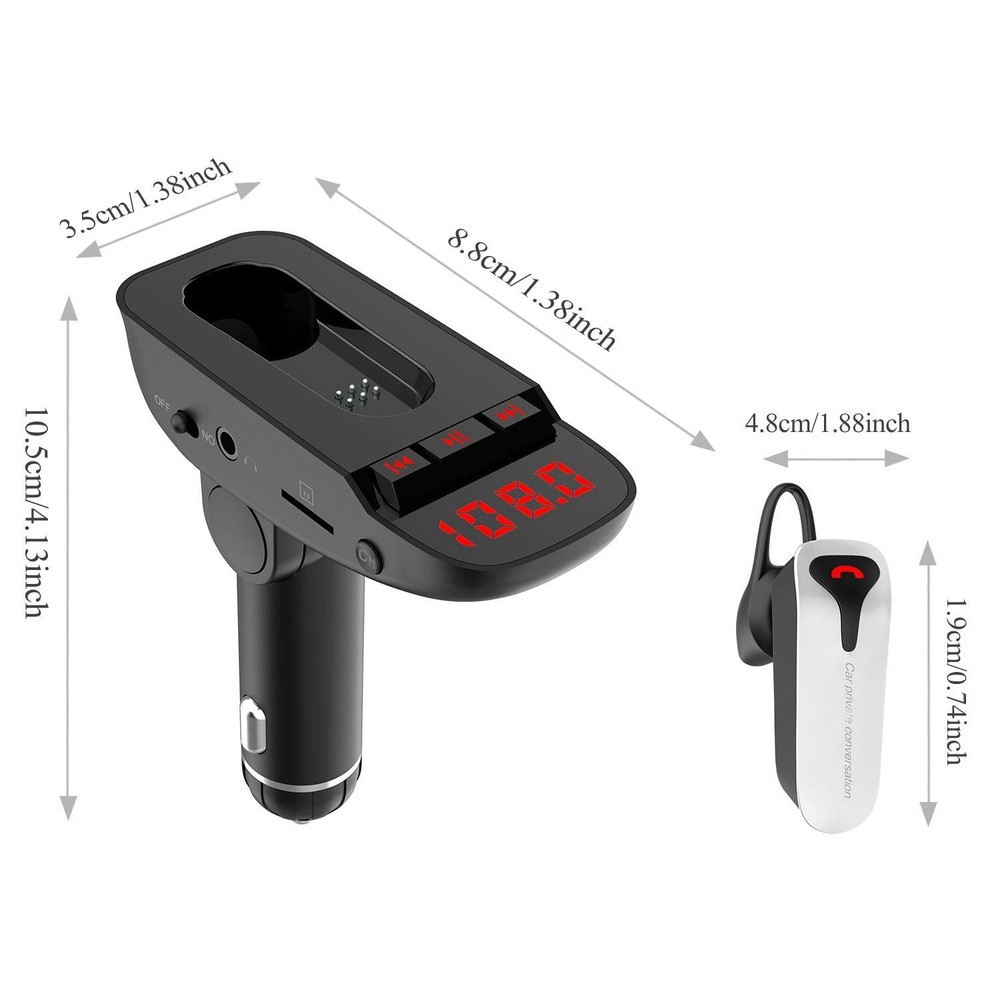Car FM Transmitter w/ Wireless Earpiece 2 USB Charge Ports Hands-free Call MP3