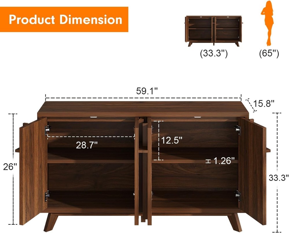 59" Walnut Sideboard Buffet Cabinet 4 Doors