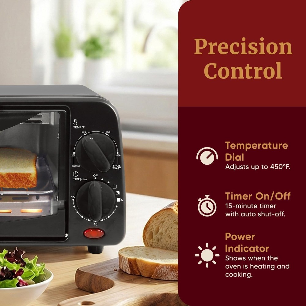 Portable Toaster Oven, Adjustable Temp & Timer, Black