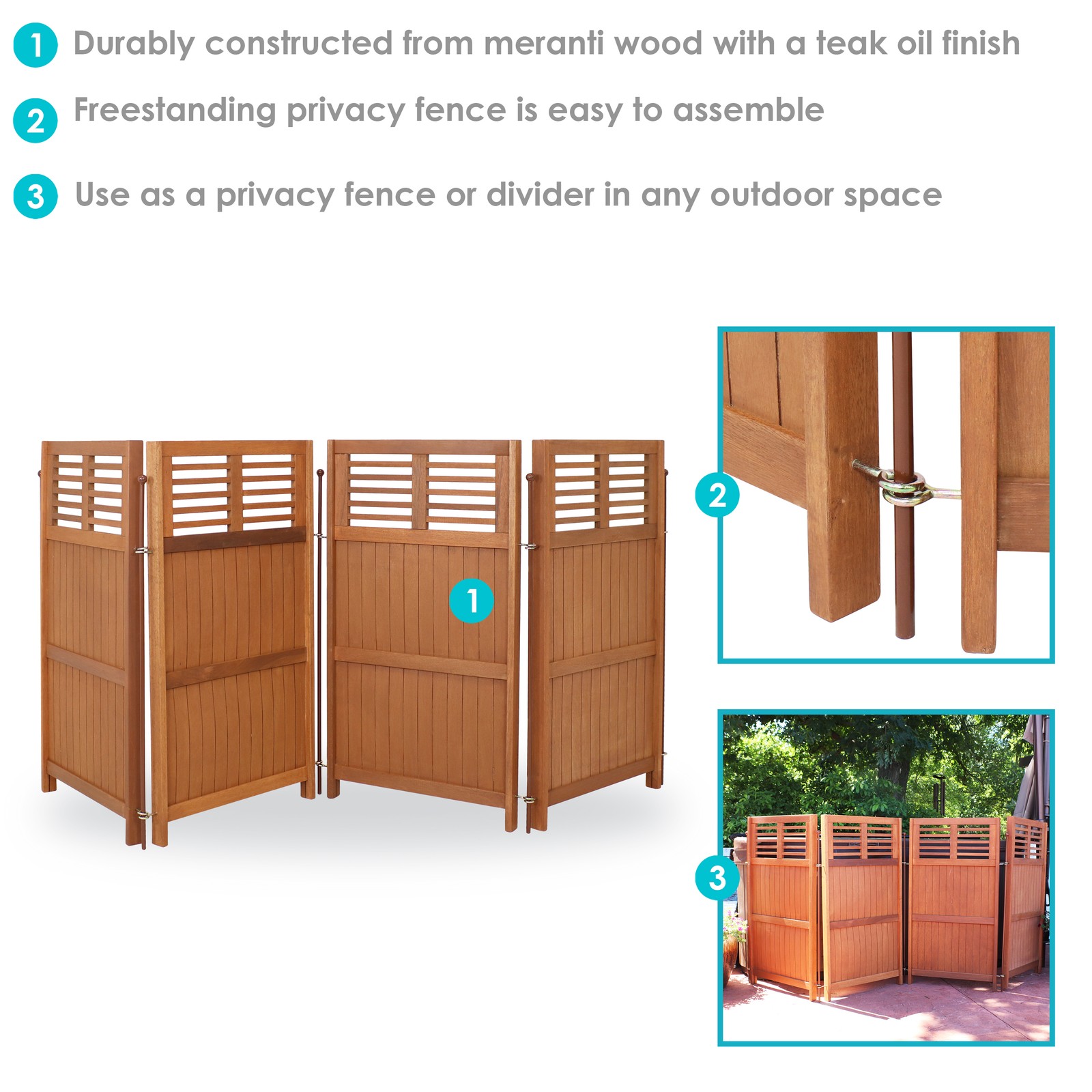 Meranti Wood/Teak Oil Finish Folding Privacy Screen - 44 in by Sunnydaze