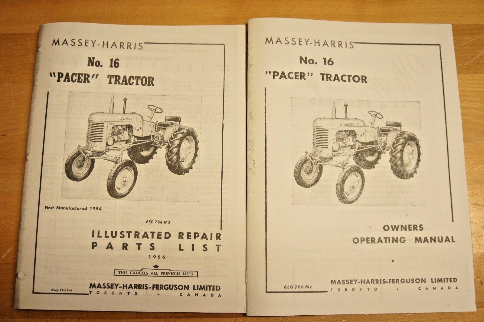 Massey Harris Pacer No 16 Tractor Owner's Manual & Parts Catalog MH Continental