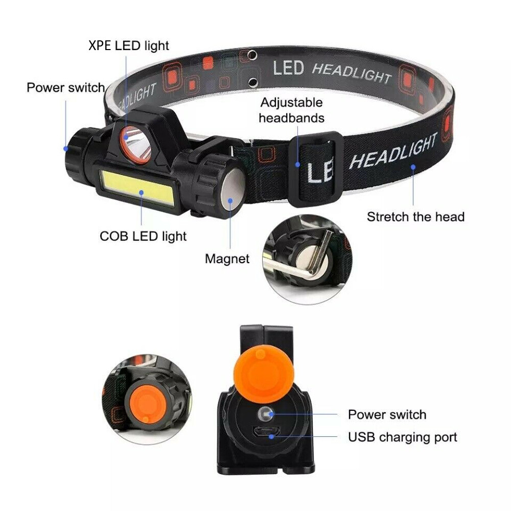2 Pack LED Headlamp Headlight Flashlight USB Rechargeable Waterproof Head Light