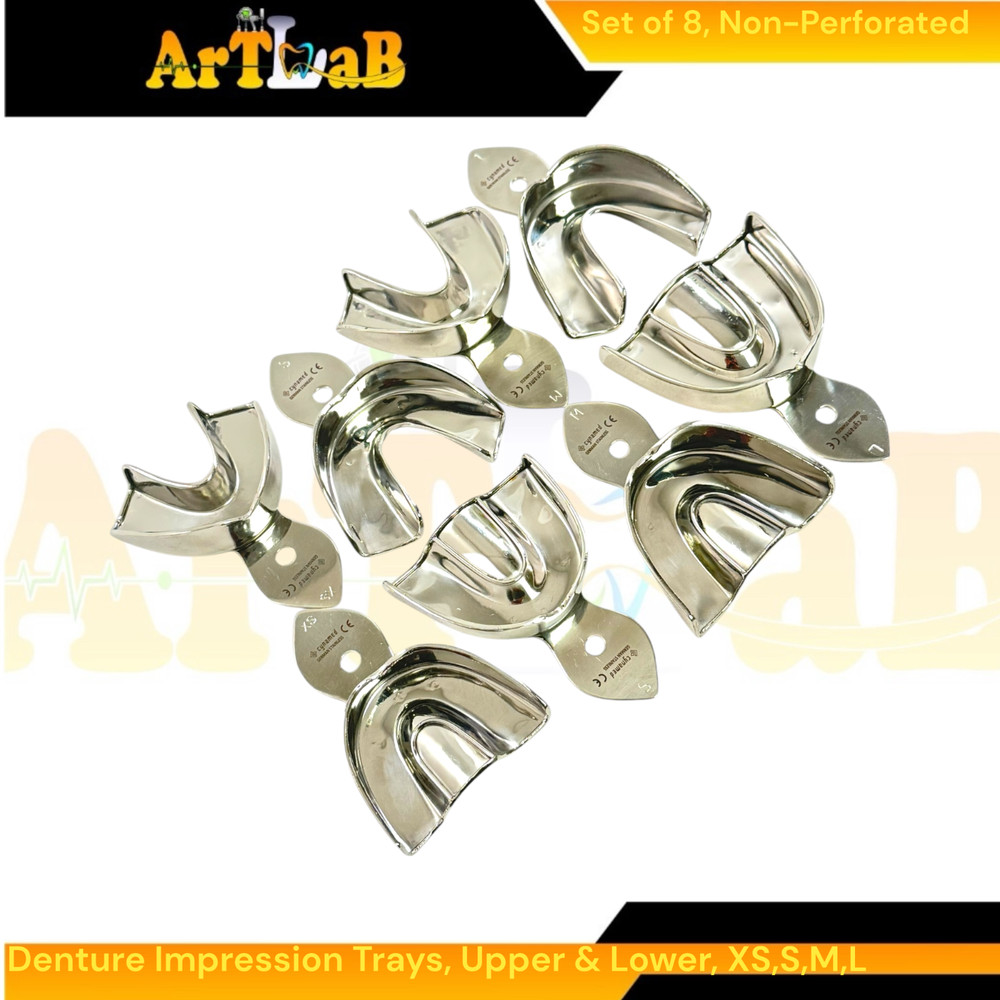 8 Pack Metal Denture Impression Tray Solid, Upper & Lower, XS+S+M+L | Stainless