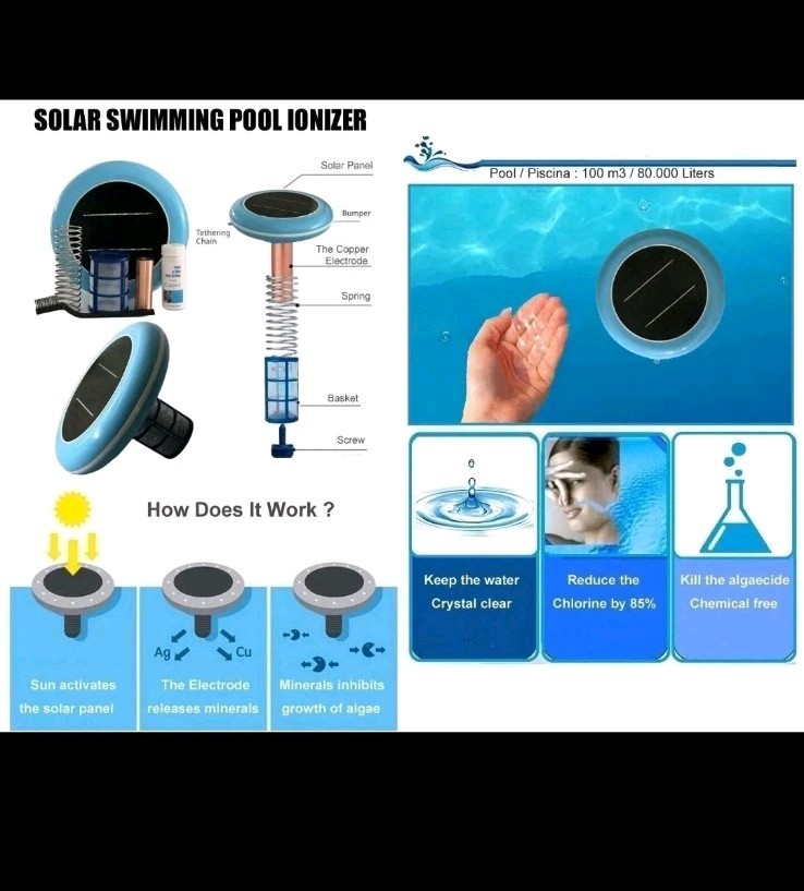 Solar powered Pool Ionizer Kills Algae Reduces Chlorine,Covers up to 35,000 gal