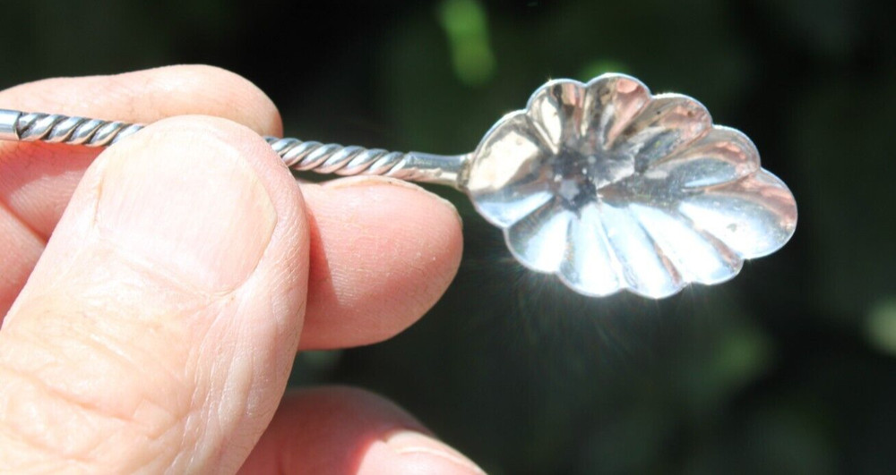 Antique Silver Berry Spoon w/Twisted Handle Shell Shape-#B1