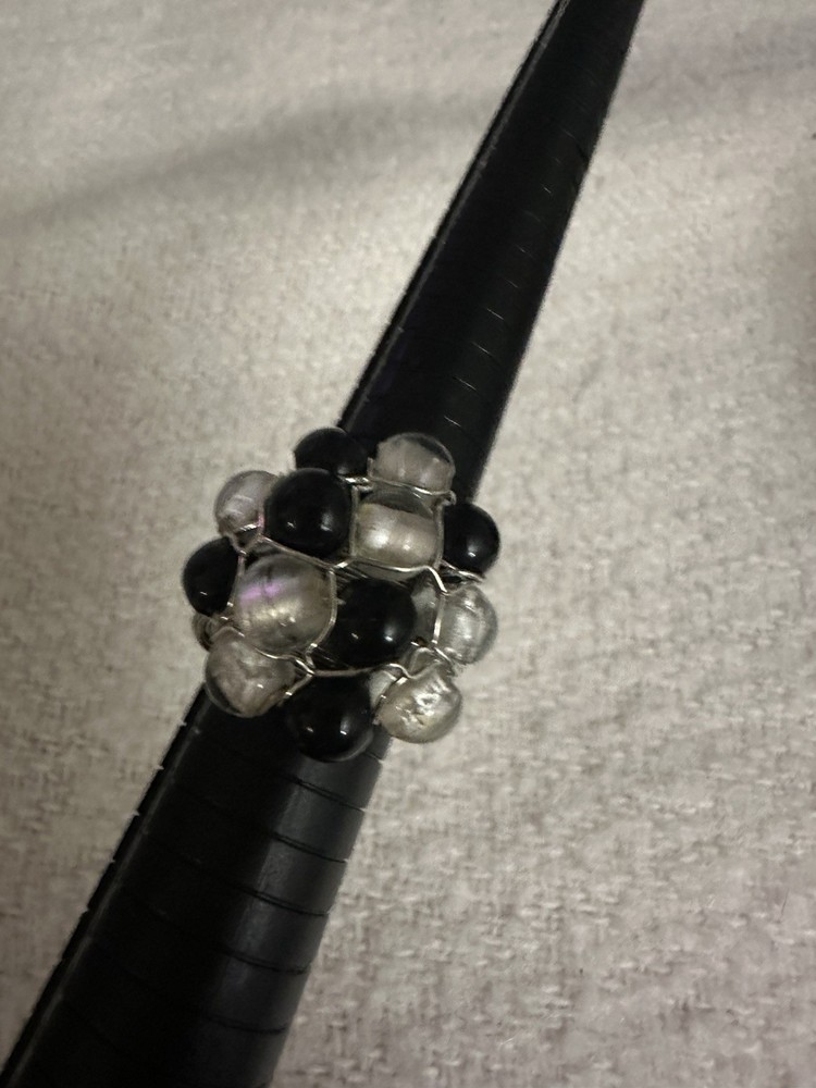 Black Bead & Silver Foil Clear Bead Wire Wrapped Statement Ring Size 9