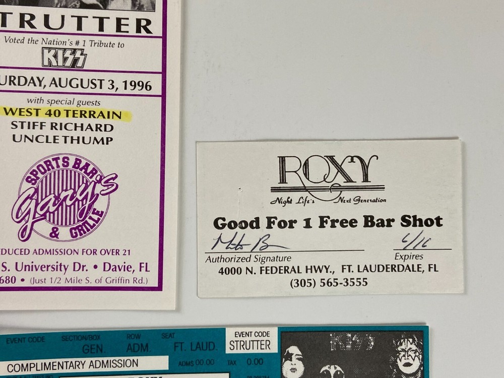 KISS STRUTTER Tribute Band Concert Full Ticket Stub Drink Card 3pc Lot 1995 1996