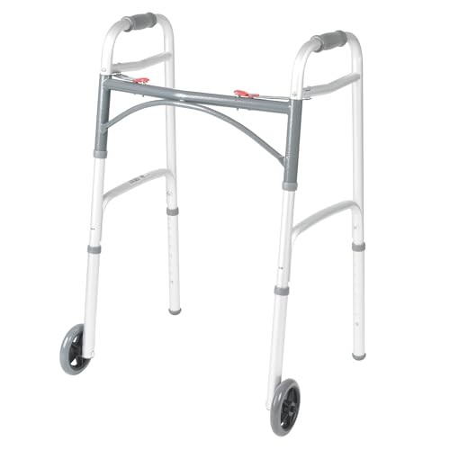 Two-Button Folding Walker With Wheels - Lightweight Rolling Mobility Support - A