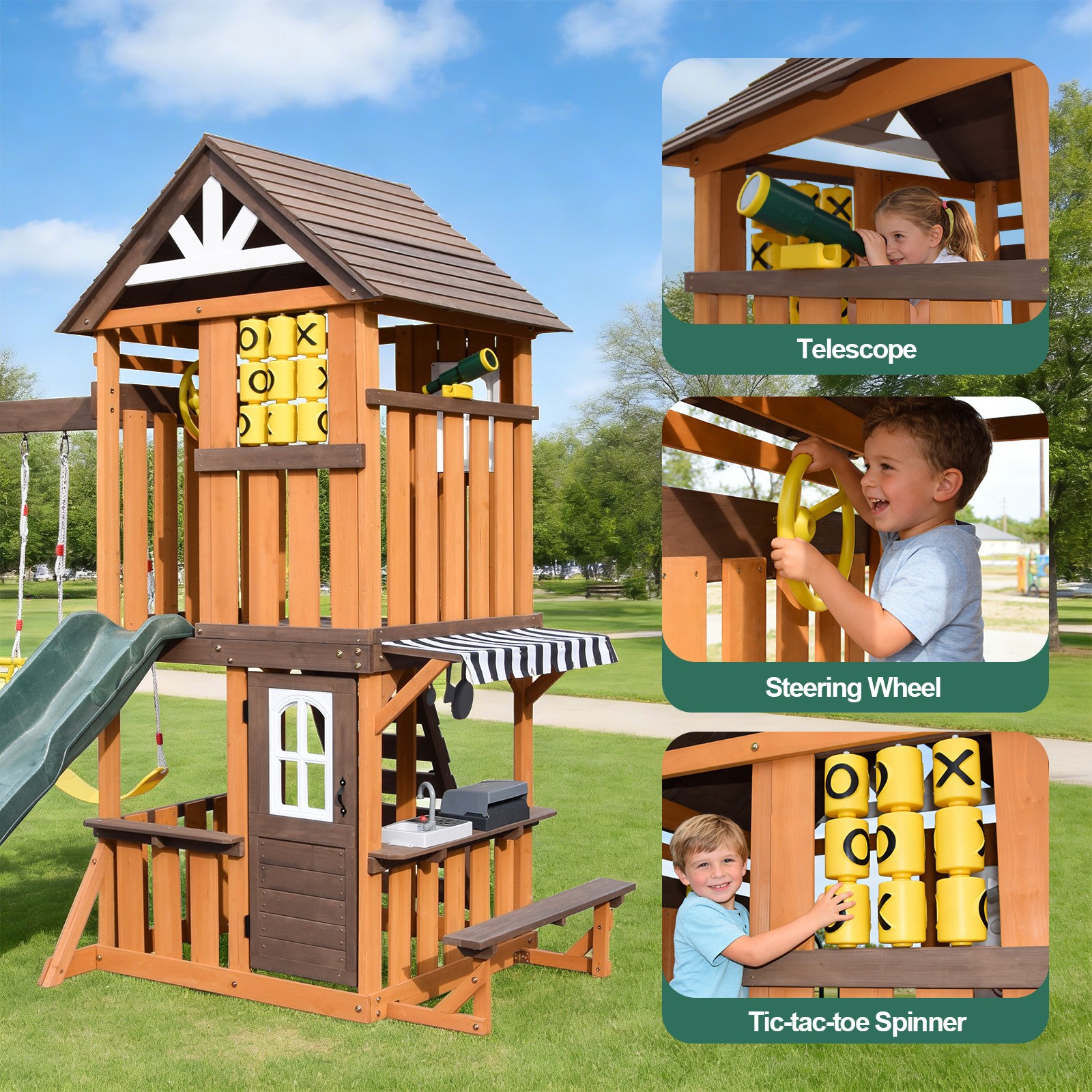 Large Wooden Kids Swing Slide Set Playhouse Kitchen,Rock Wall Outdoor Playground