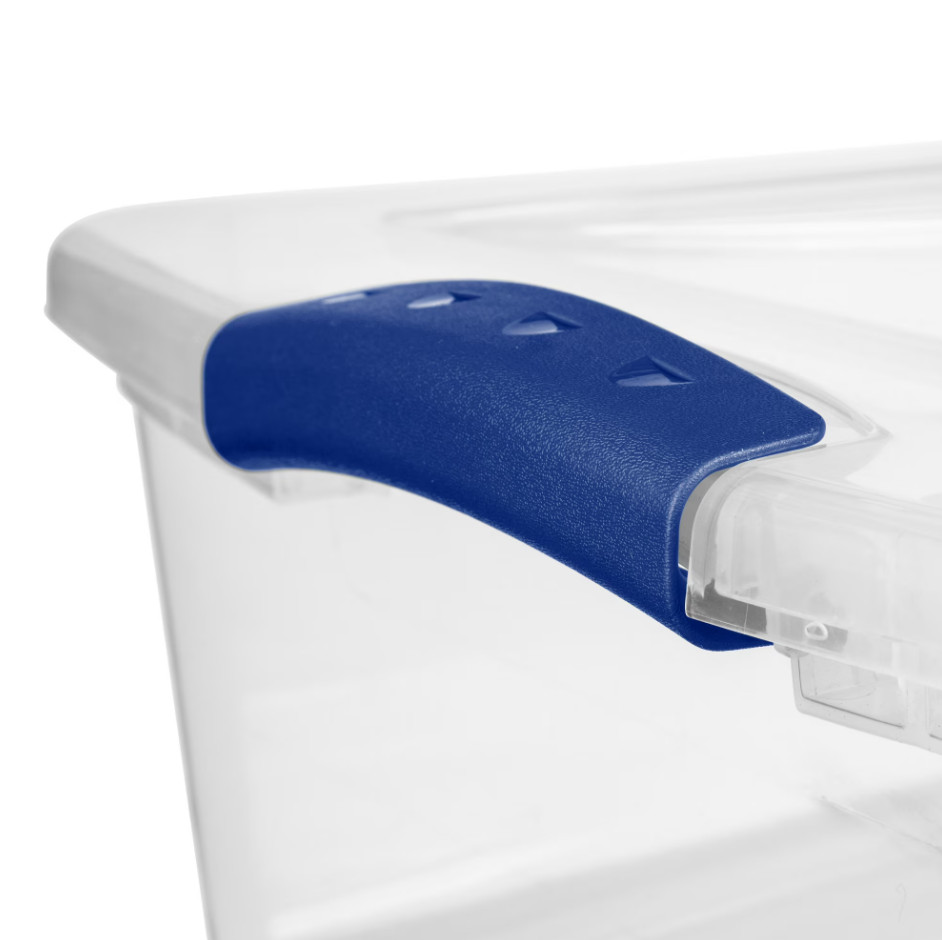 (6 pack) 32 Quart Latch Box, Clear Plastic Storage Bin with Clear Lid, Blue