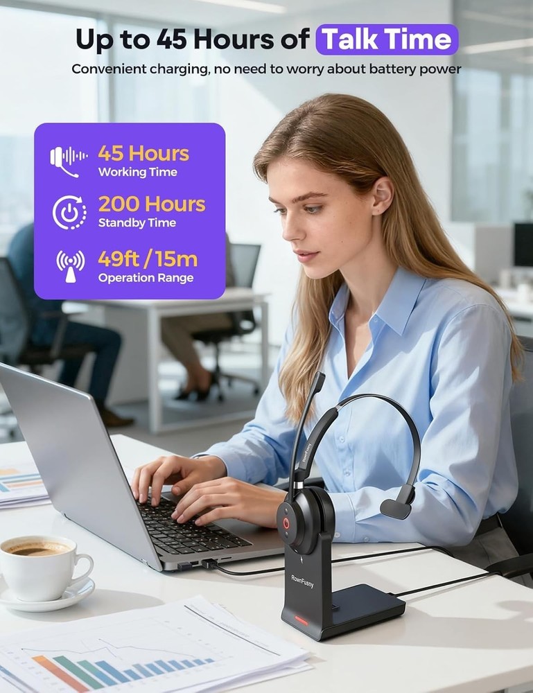 Wireless Headset with Mic for Work, Clear Sound ＆ Comfortable ＆ Stable Connectio