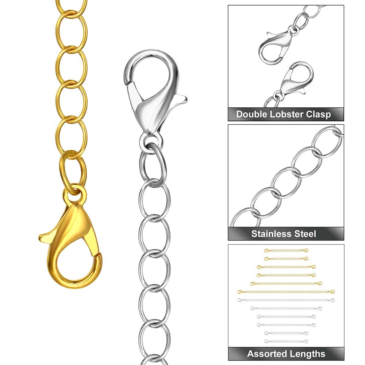 12pcs Stainless Steel Necklace Bracelet Extender Chain Extenders Silver/Gold