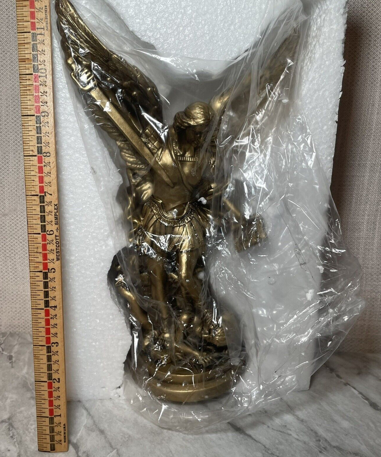 Angel Statue ARCHANGEL MICHAEL gold tone STOMPING DEMON standing SWORD book NEW