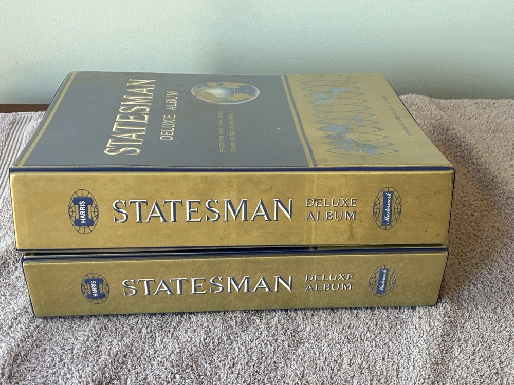 TWO (2) 1966 Ed. STATESMAN DELUXE STAMP ALBUMS W/SOME STAMPS~BOTH IN GREAT COND.