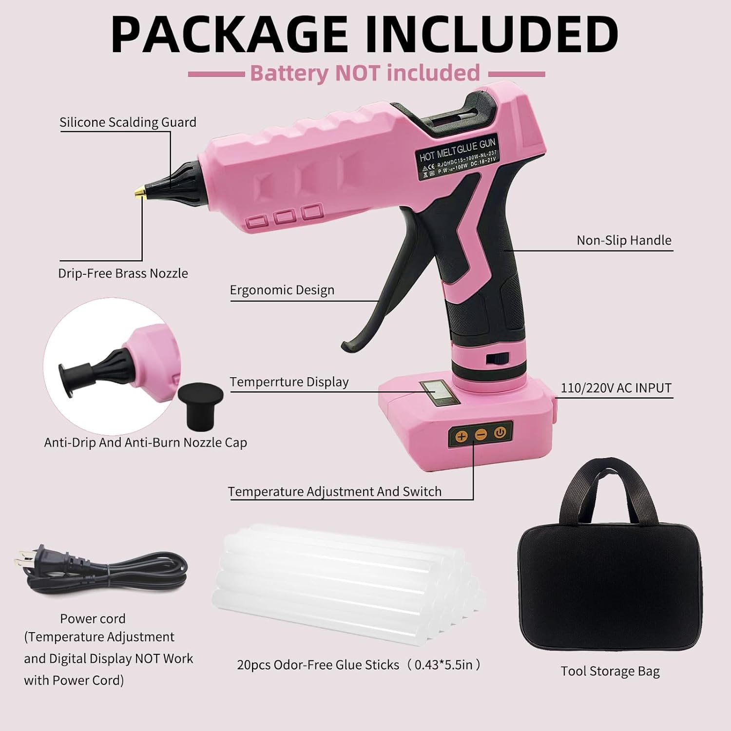 100W Cordless Hot Glue Gun for Dewalt 20V MAX Battery with 20PCS Full Size