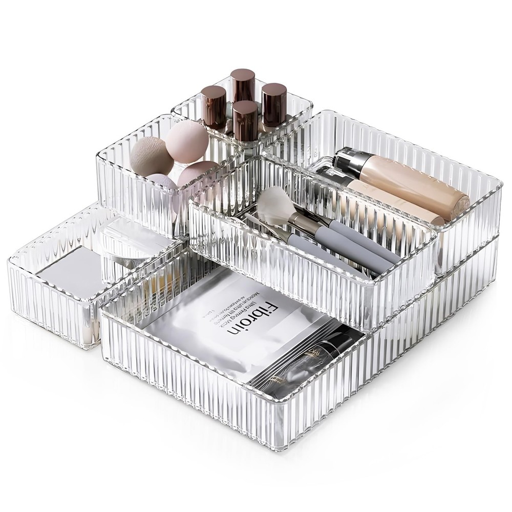 HOTOOLME 7PCS Clear Drawer Organizers Bins, 4 Size Stackable Makeup Drawer Or...
