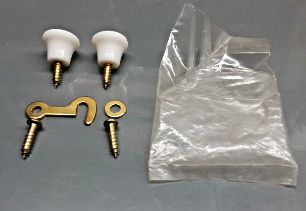 Drawer Knobs Pulls Pr. 3/4" Plastic Plus Brass Hook Latch & Screws, NOS Repro