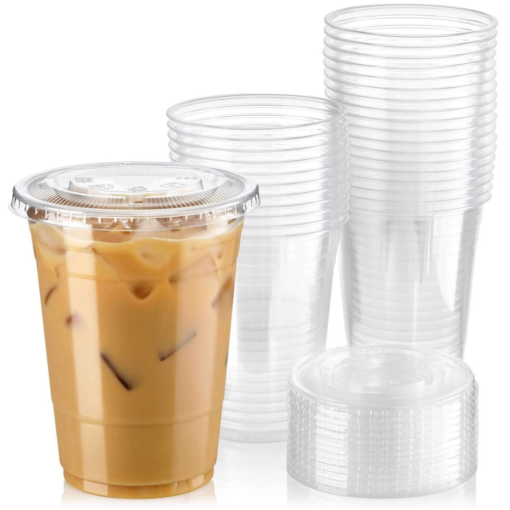16oz Plastic Clear PET Cups With Flat Lids: 6 Pack