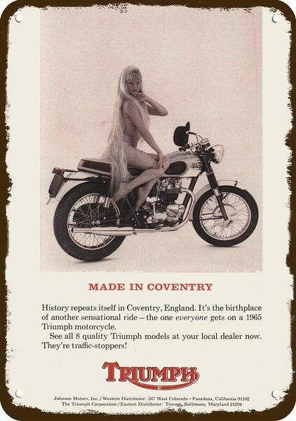 1965 TRIUMPH MOTORCYCLE COVENTRY Sexy Woman Pin-Up DECORATIVE REPLICA METAL SIGN