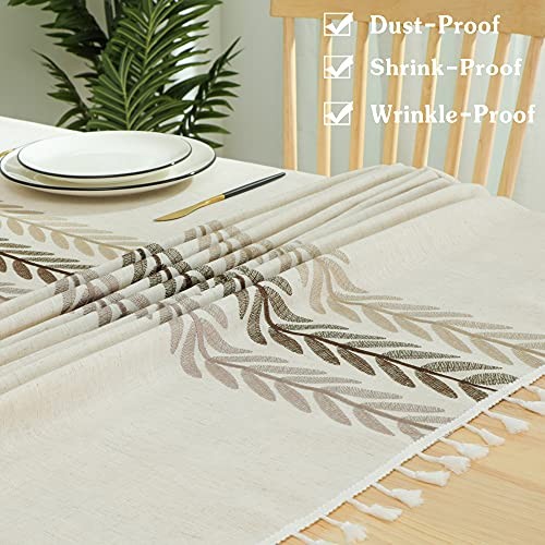 Rustic Cotton Linen Table 86" x 55" (Rectangular) Beige, Wine Leaf