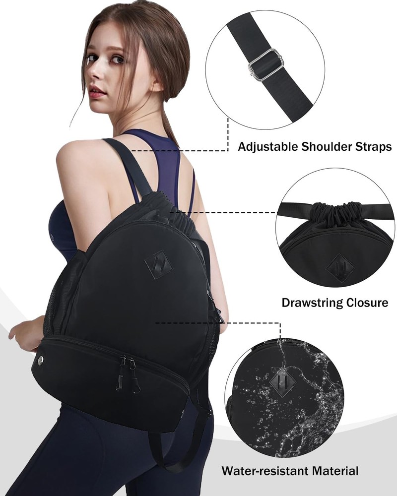 Drawstring Backpack Gym with Shoe Compartment for Men Women Black