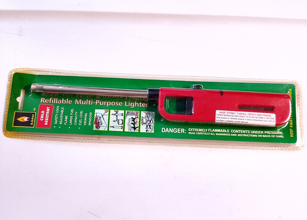 Refillable multi-purpose utility lighter sealed child resistant in red